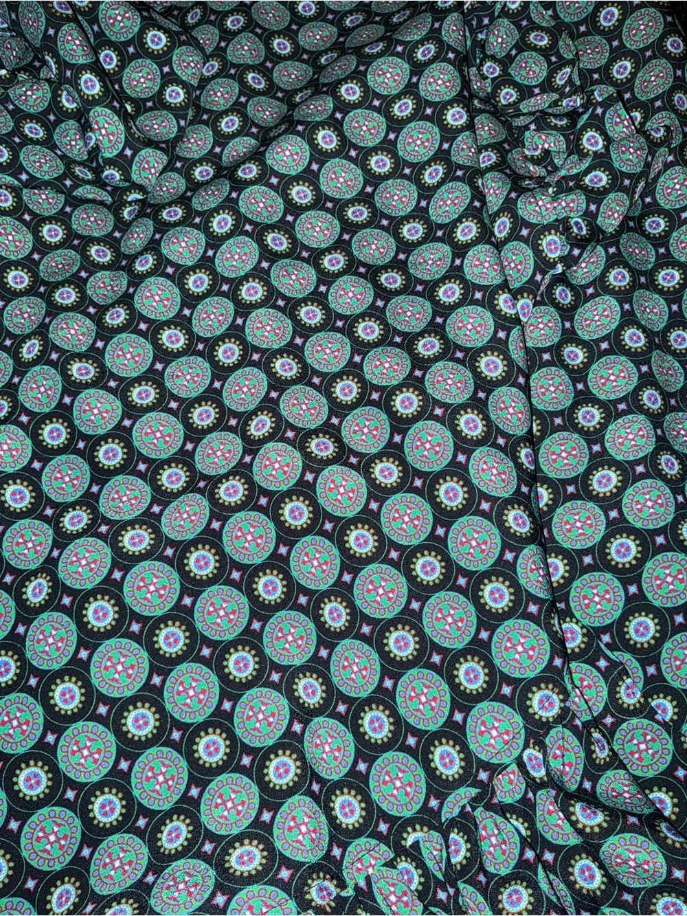 Tory Burch Ruffle Wrap Dress Black Medallion Maxi Dress with Teal Circular Print